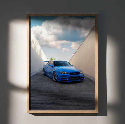 Nissan R34 GTR Skyline in bright blue driving through minimalist tunnel wall art poster.