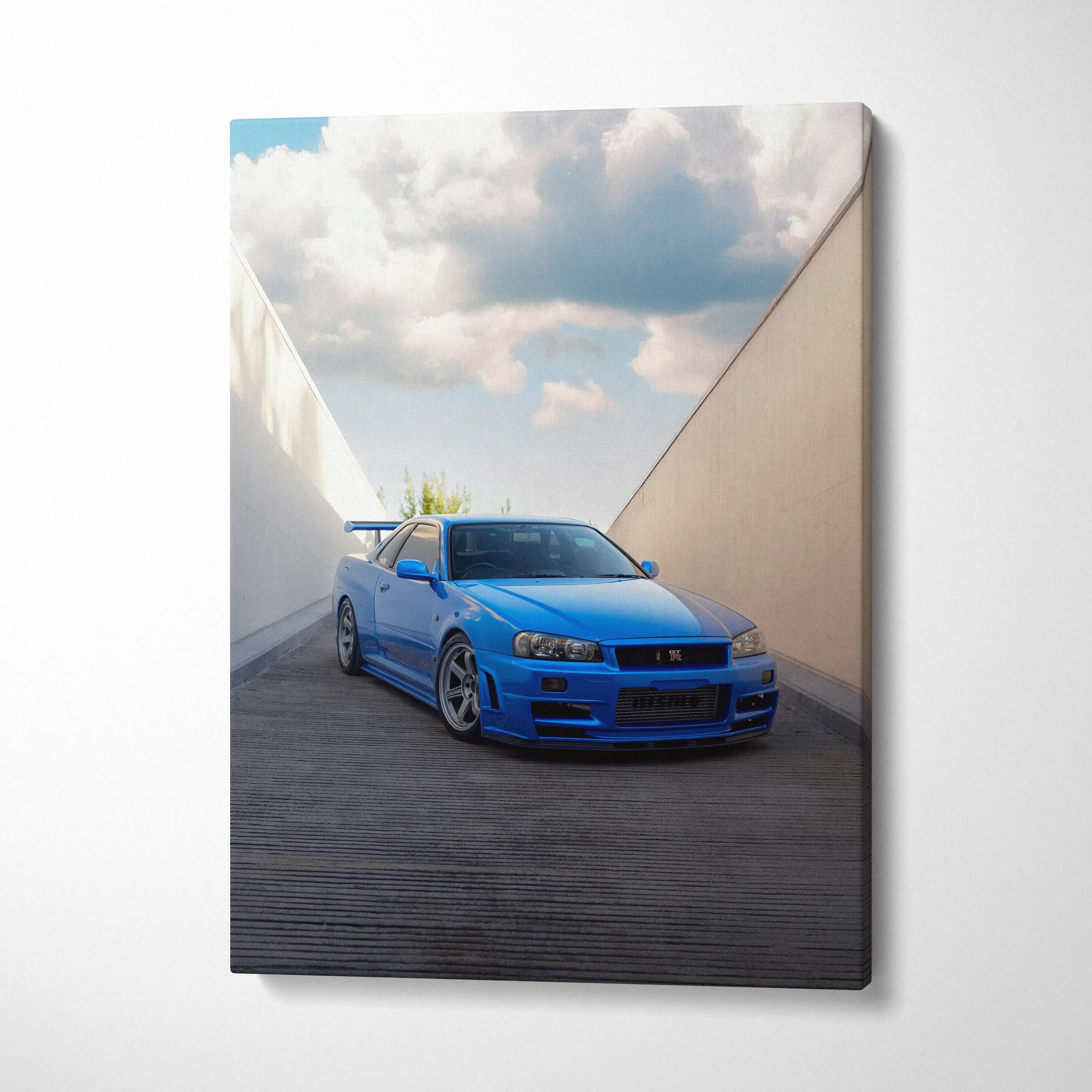 Nissan R34 GTR blue sports car on vertical canvas wall art with sky and clouds backdrop.