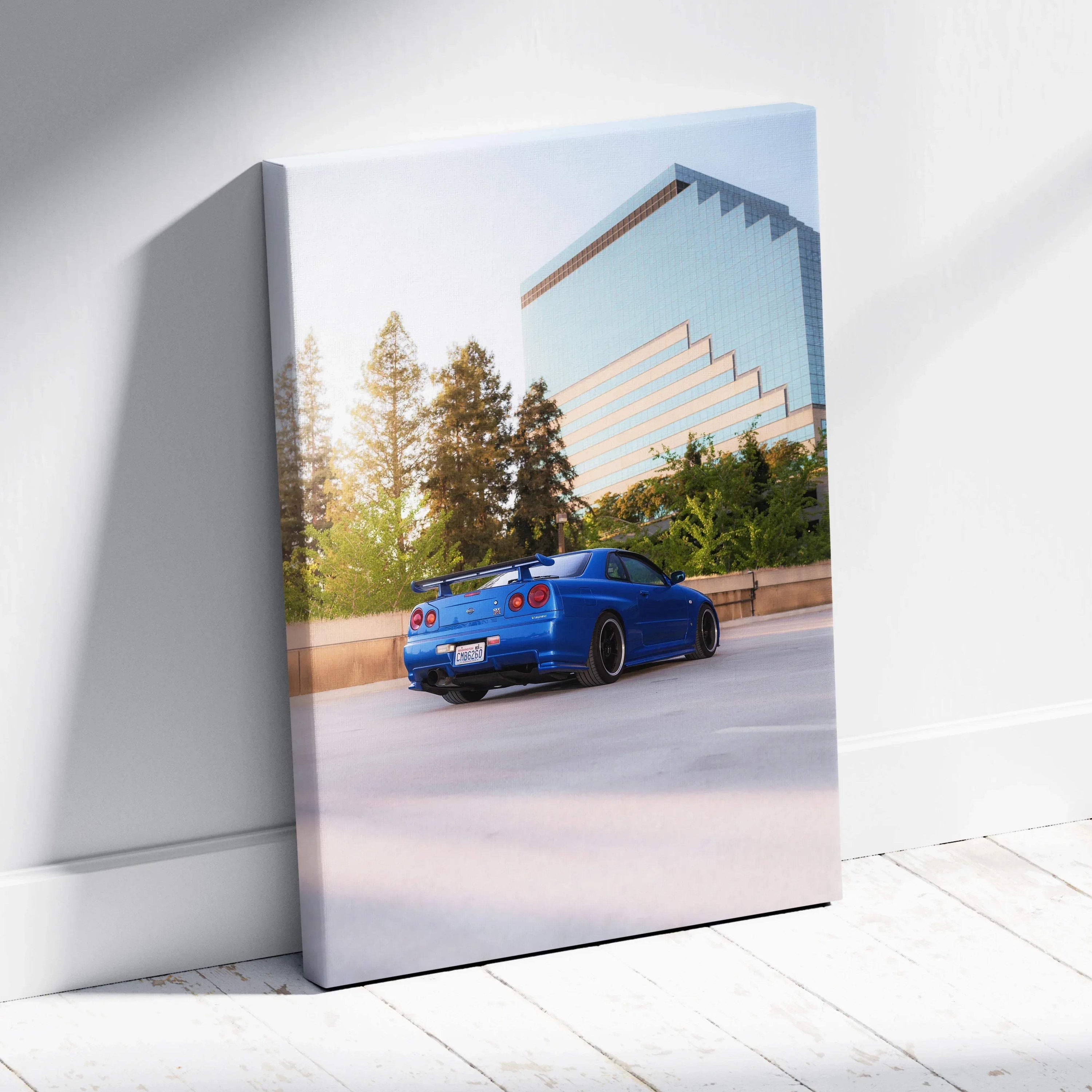 Nissan R34 GTR blue sports car in urban setting canvas wall art print.