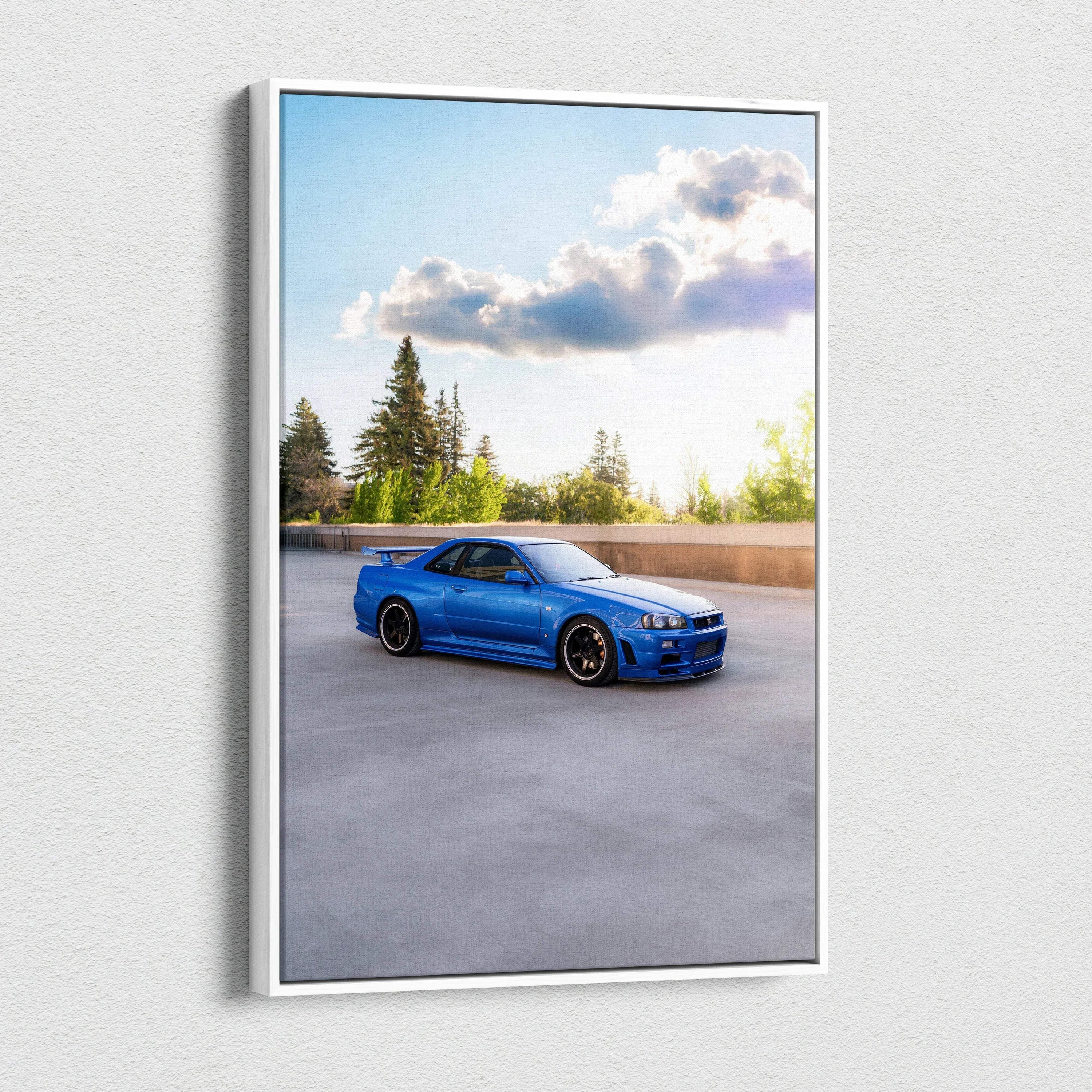 Blue Nissan GTR R34 Skyline parked under sky, vertical canvas wall art print.