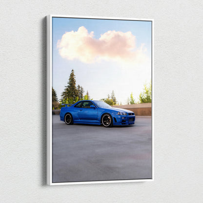 Blue Nissan R34 GTR parked outdoors with trees background vertical canvas wall art.