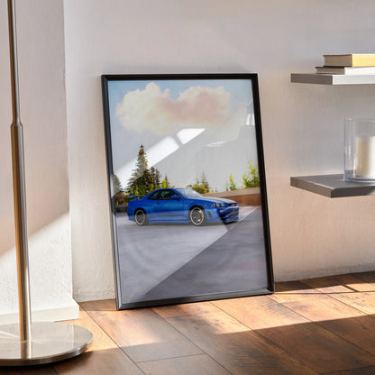 Nissan R34 GTR Skyline blue sports car poster leaning on wall with framed black border wall art.