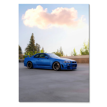 Blue Nissan R34 GTR Skyline car parked outdoors under a pastel sky, poster wall art.