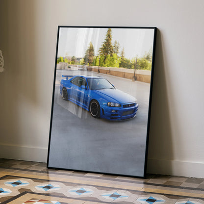Nissan R34 GTR Skyline poster featuring blue car against blurred outdoor background wall art.