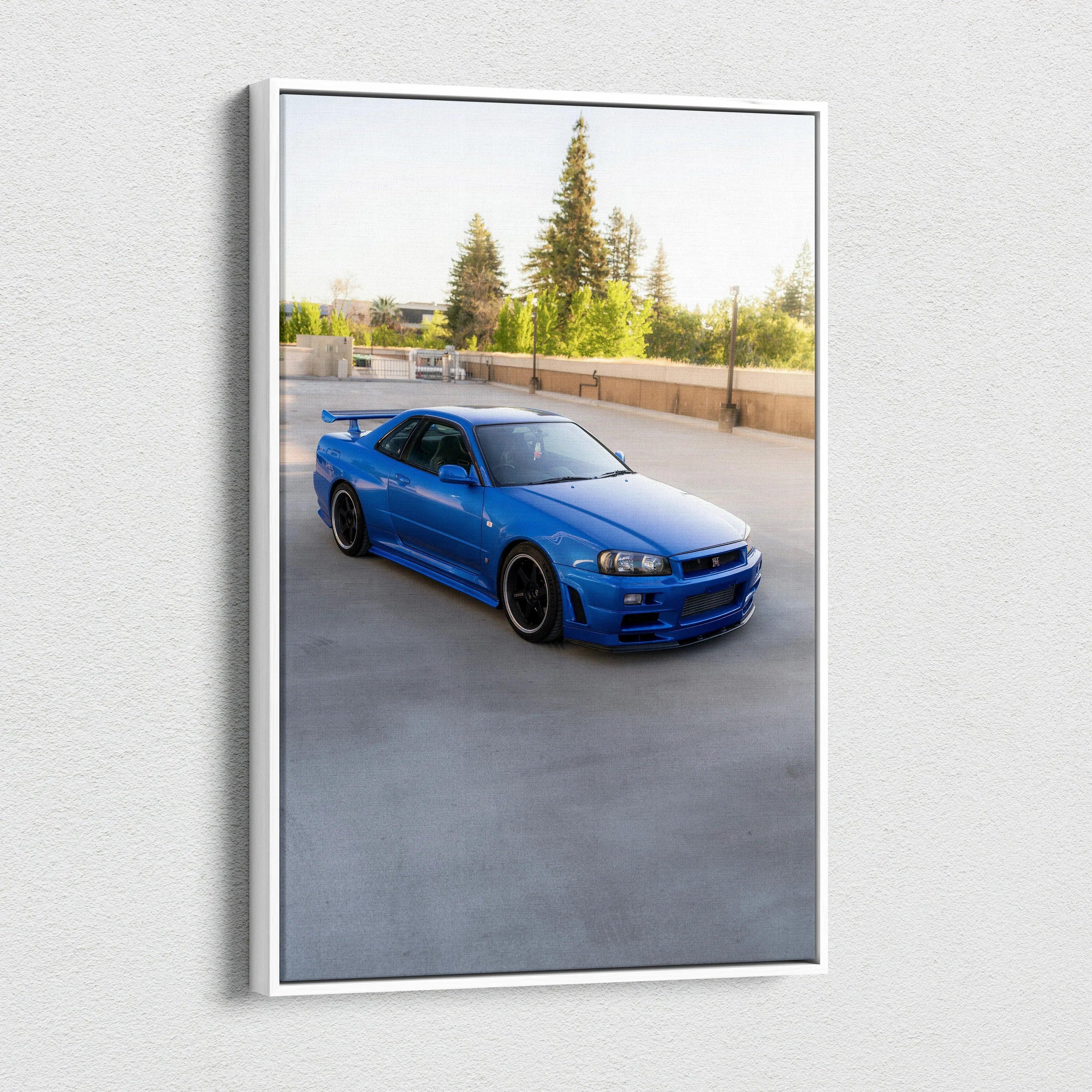 Blue Nissan R34 GTR car on a vertical high-resolution canvas wall art with muted background.