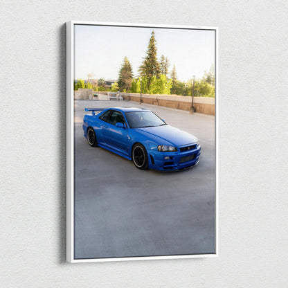 Blue Nissan R34 GTR car on a vertical high-resolution canvas wall art with muted background.