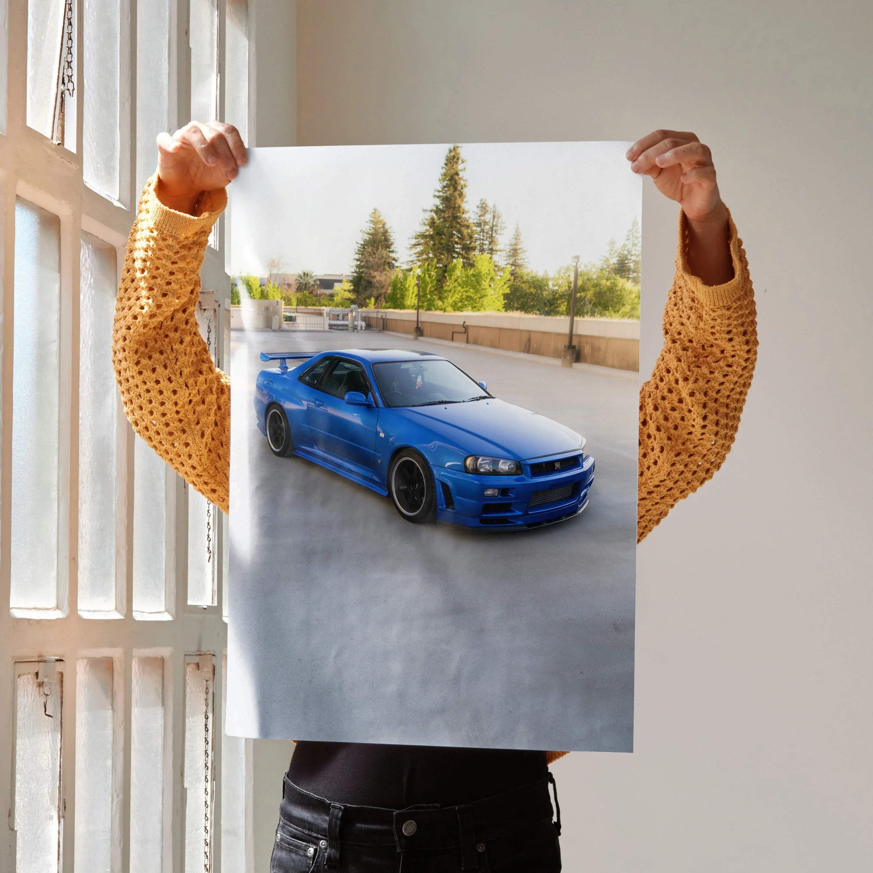Nissan R34 GTR Skyline blue sports car poster with forest background wall art.