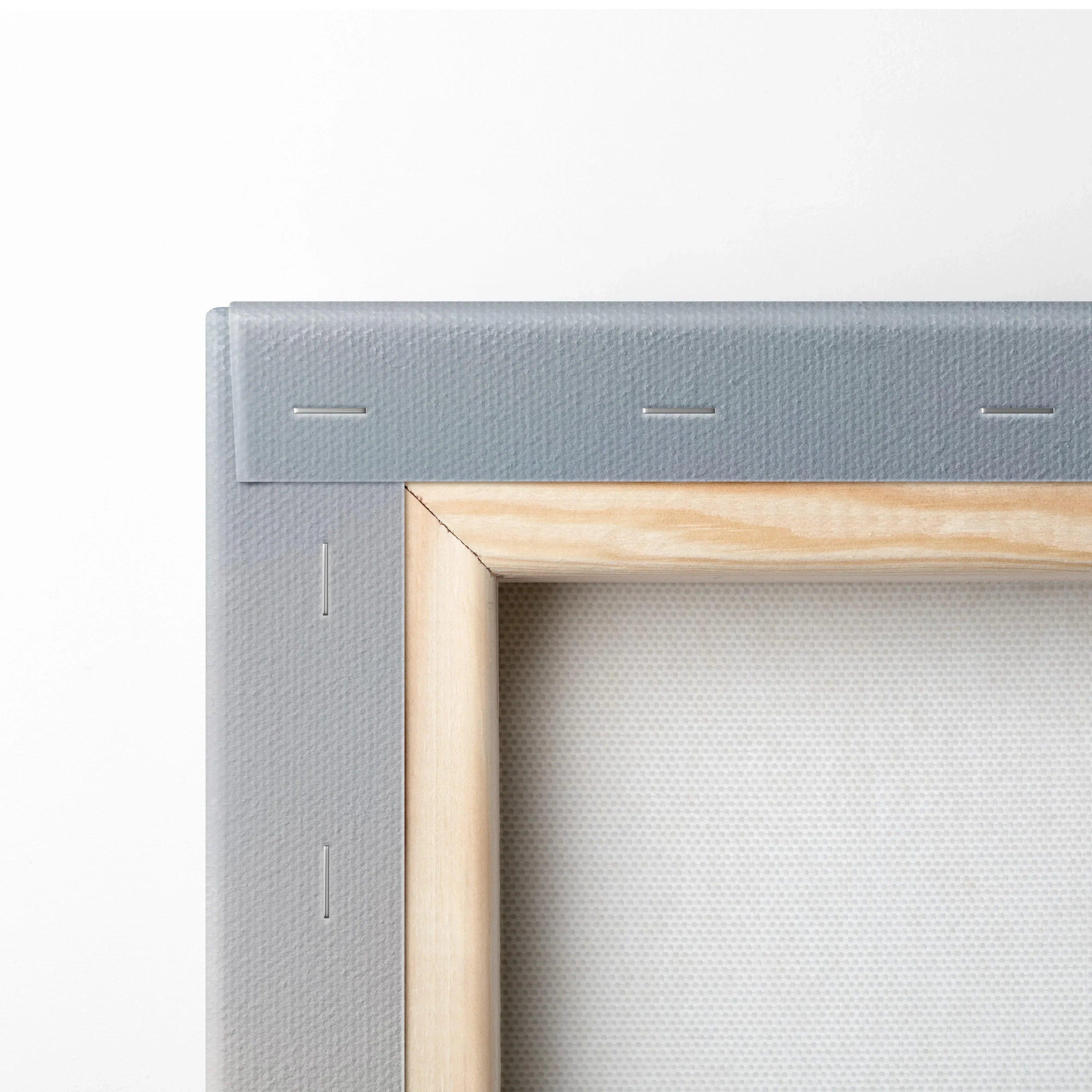 Close-up of wooden frame and gray canvas backing for vertical Nissan R34 GTR canvas wall art.
