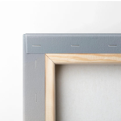 Close-up of wooden frame and gray canvas backing for vertical Nissan R34 GTR canvas wall art.