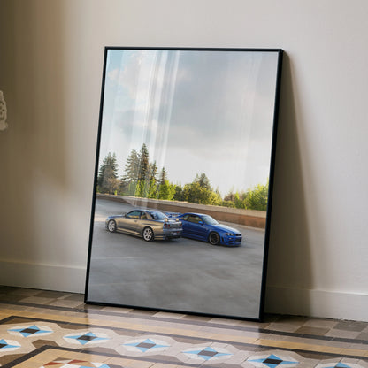 Nissan R34 GTR Skyline poster wall art with two cars on open road under cloudy sky.