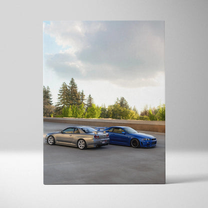 Nissan R34 GTRs parked side by side under cloudy sky vertical canvas art wall decor.