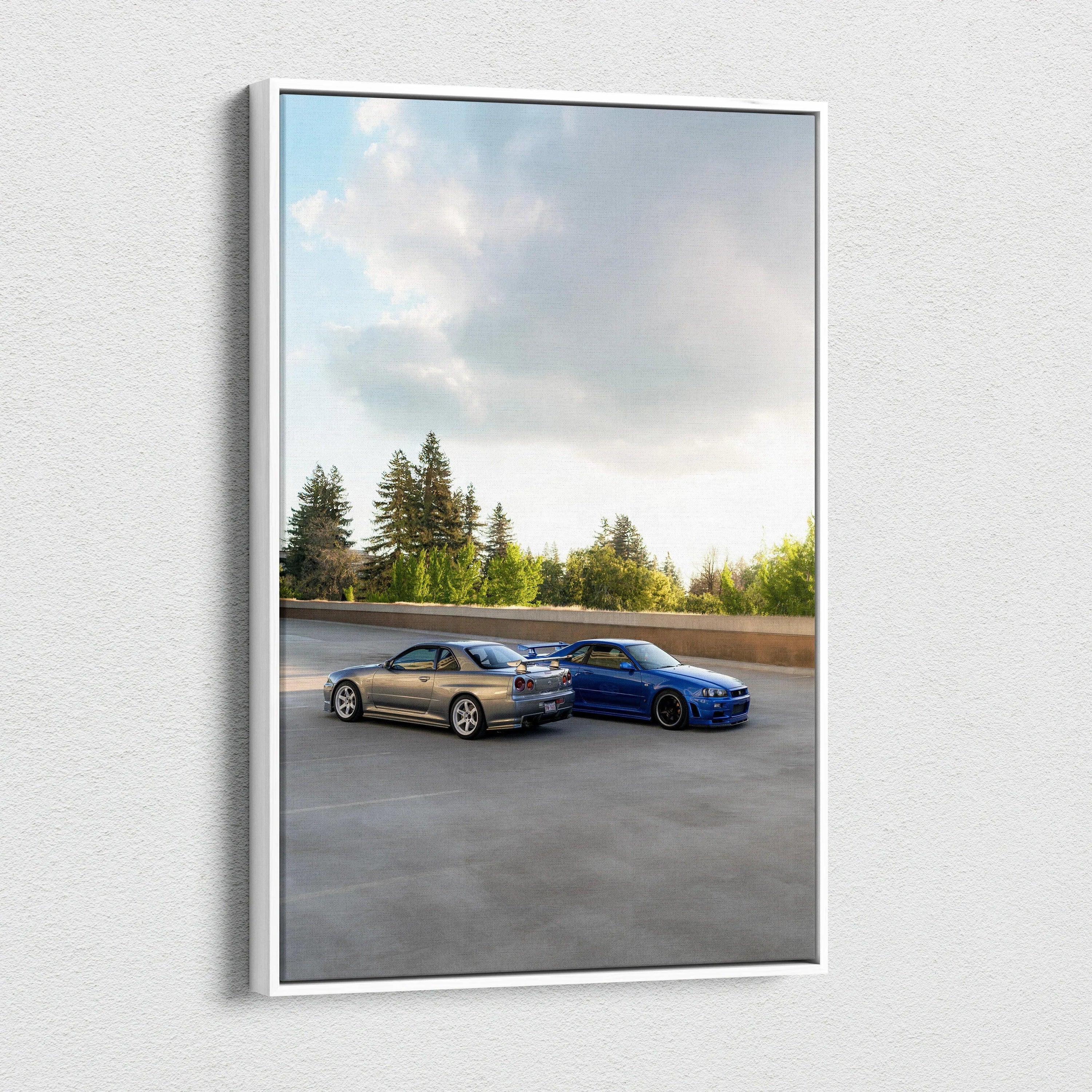 Nissan R34 GTRs on rooftop parking, vertical high-resolution canvas art print.