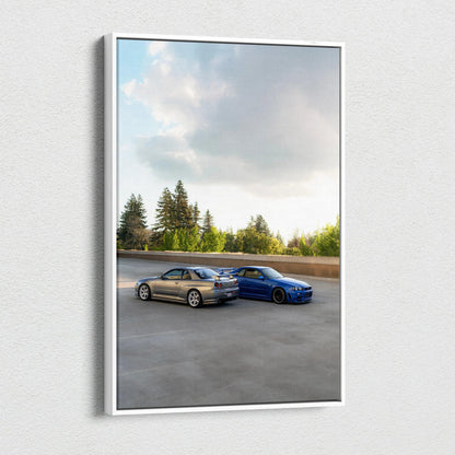 Nissan R34 GTRs on rooftop parking, vertical high-resolution canvas art print.