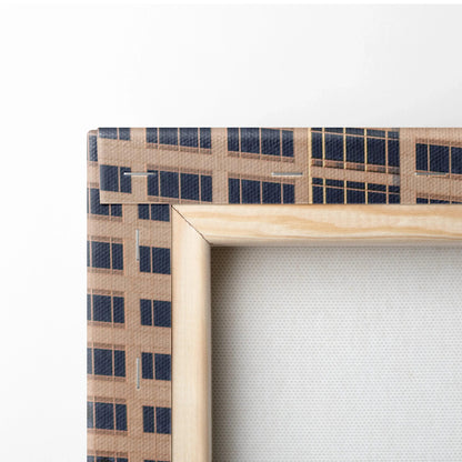 Close-up of Nissan R34 GTR canvas print edge with beige wood frame and building detail Wall Art.