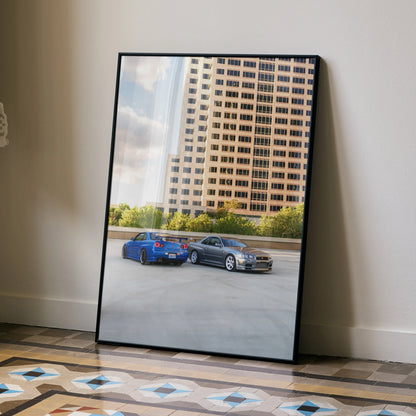 Nissan R34 GTR Skyline poster and classic car wall art with urban building background.