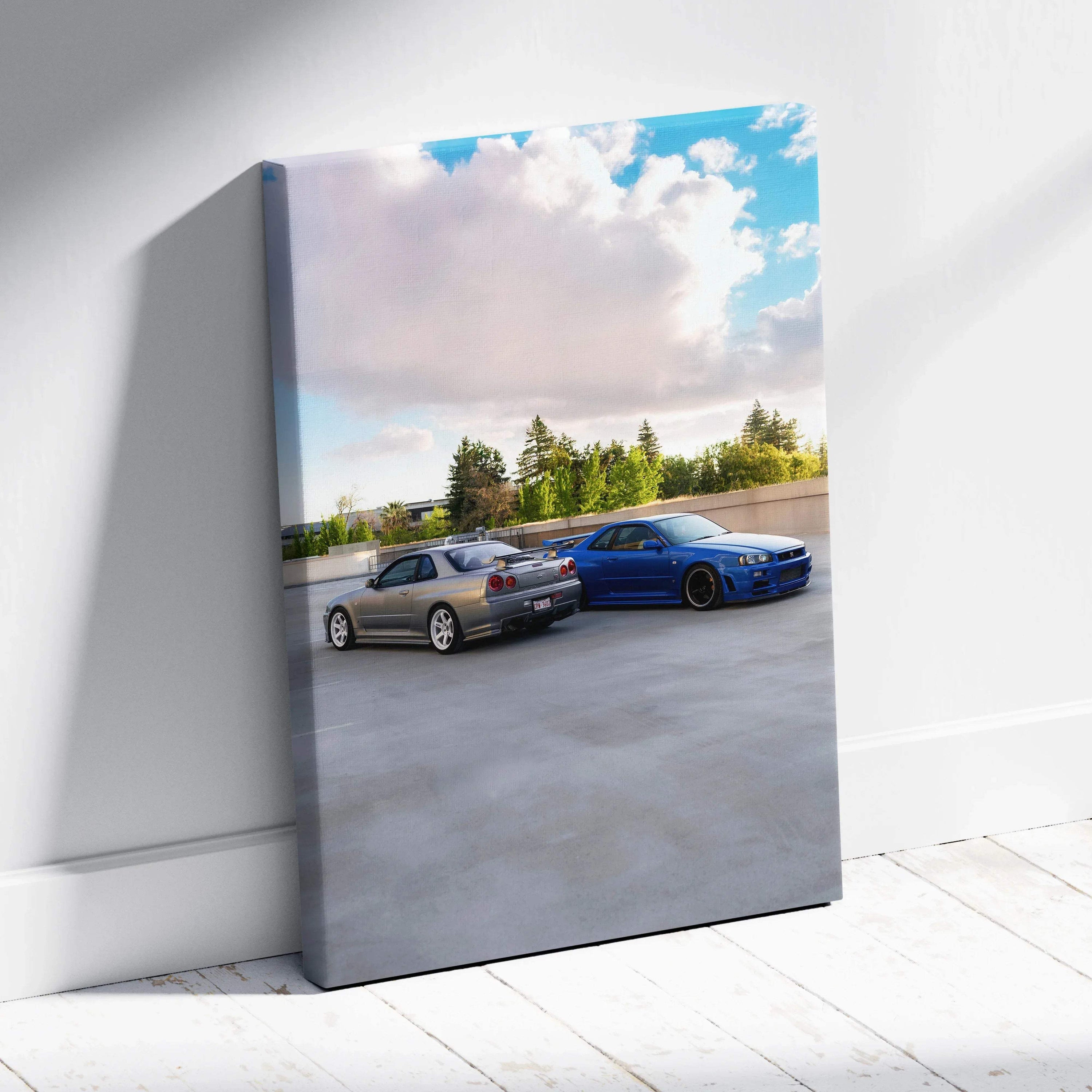 Vertical canvas art featuring a silver and blue Nissan GTR R34 Skyline under a partly cloudy sky.