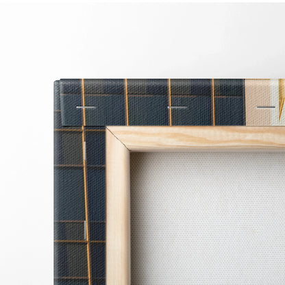 Close-up of a wooden framed canvas wall art with grid pattern and textured canvas surface.