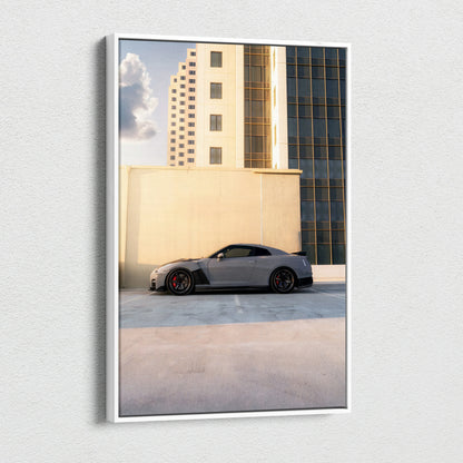 Nissan R35 GTR parked beside modern beige and glass buildings vertical canvas wall art.