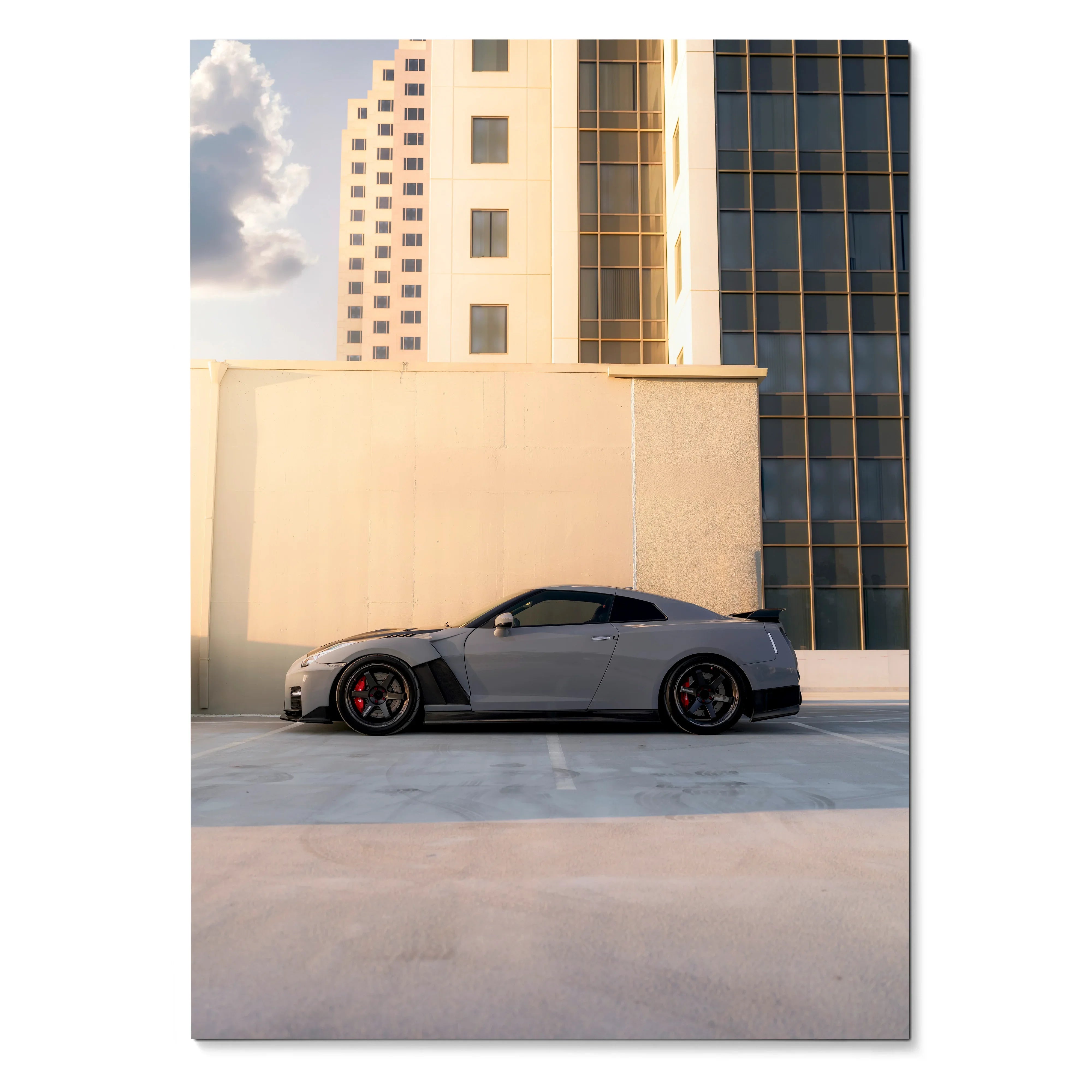 Nissan GTR R35 parked on rooftop against modern city buildings poster wall art.