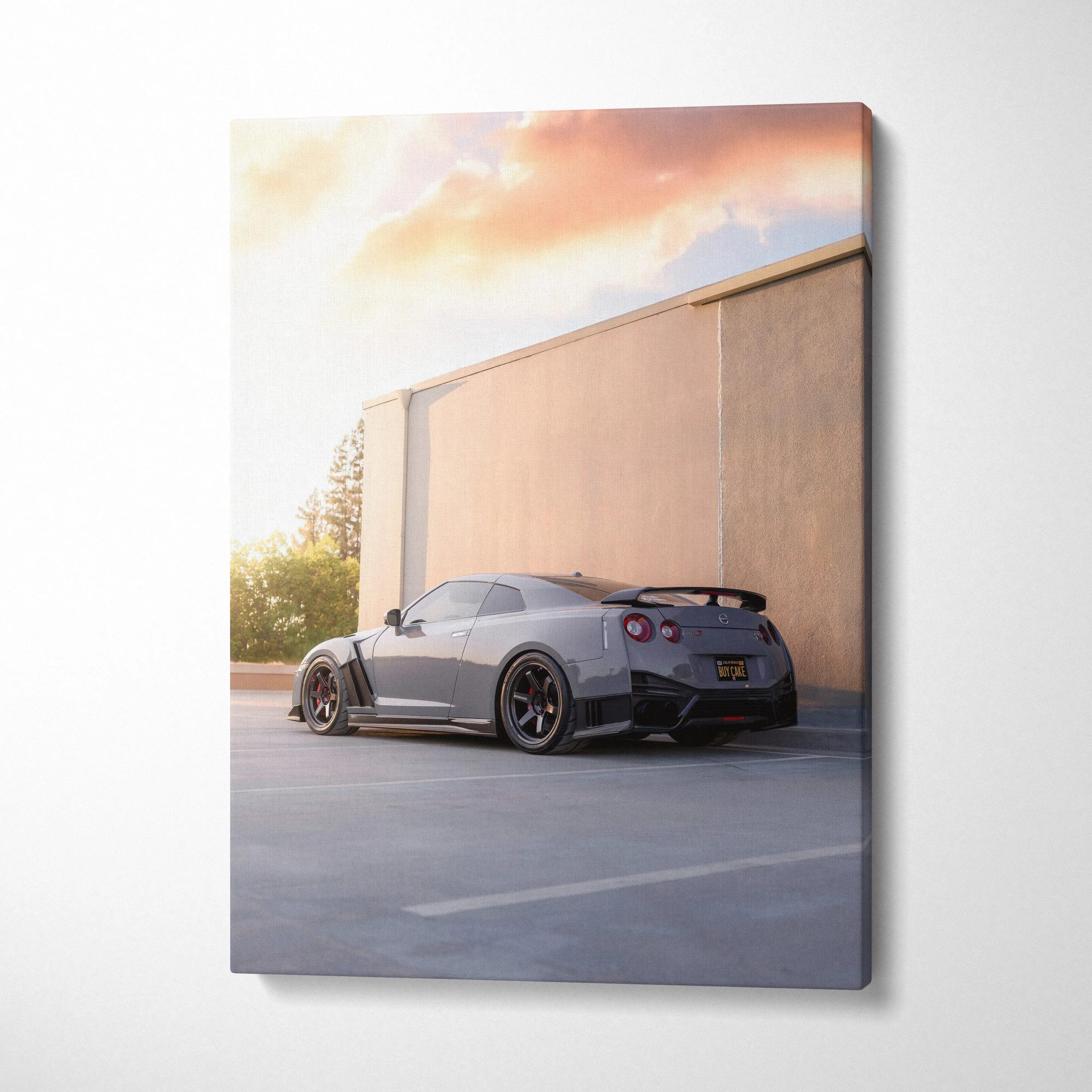 Nissan GTR R35 in sunset parking lot vertical canvas wall art with soft lighting and shadow.