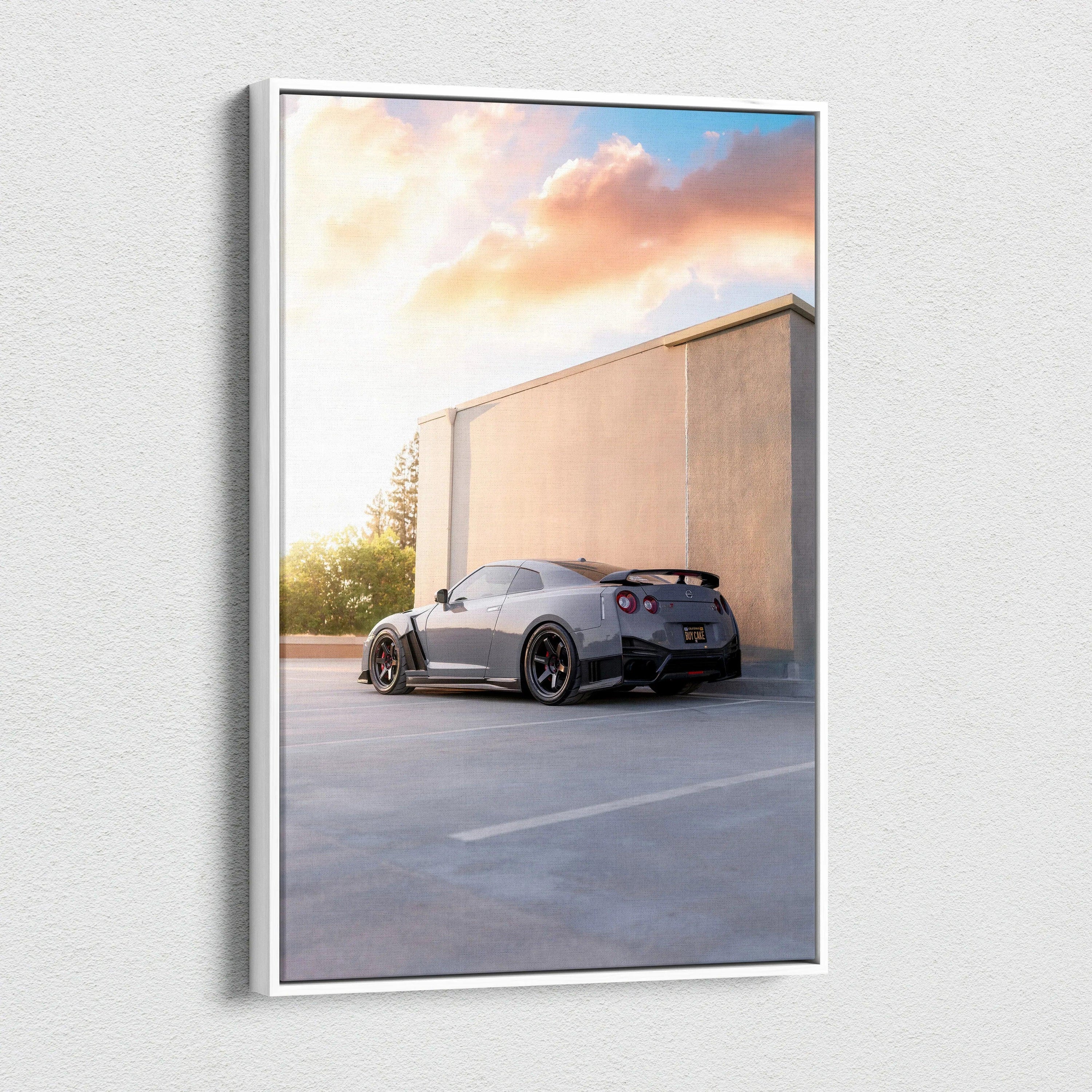 Nissan R35 GTR parked by modern wall at sunset on vertical canvas wall art.