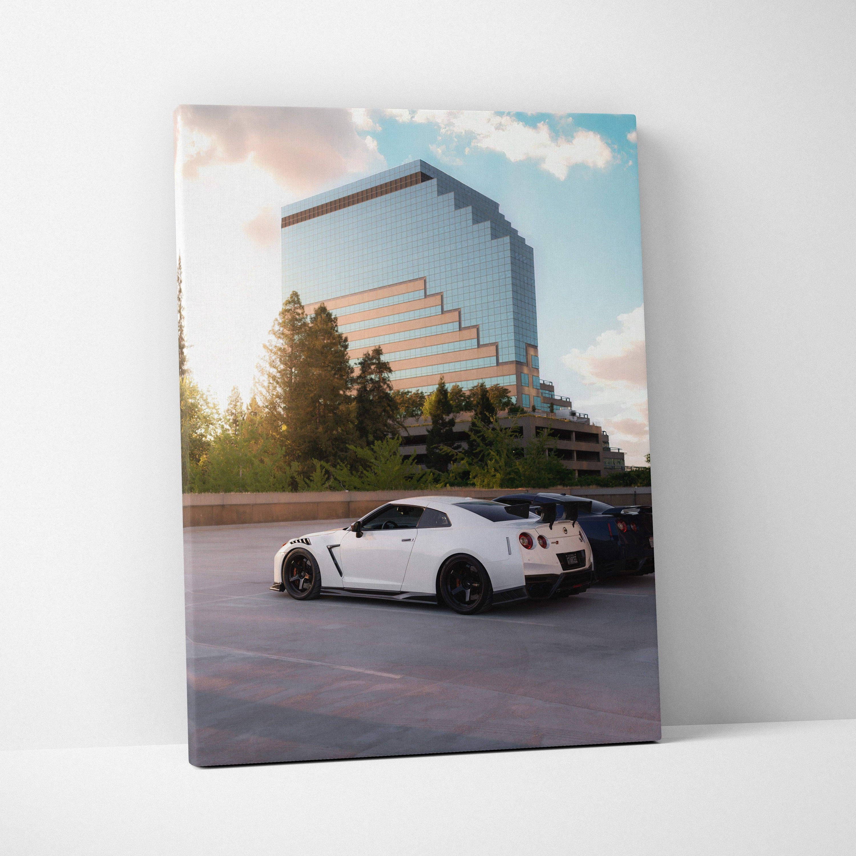 Nissan GTR R35 parked outdoors with modern building backdrop on vertical canvas wall art.