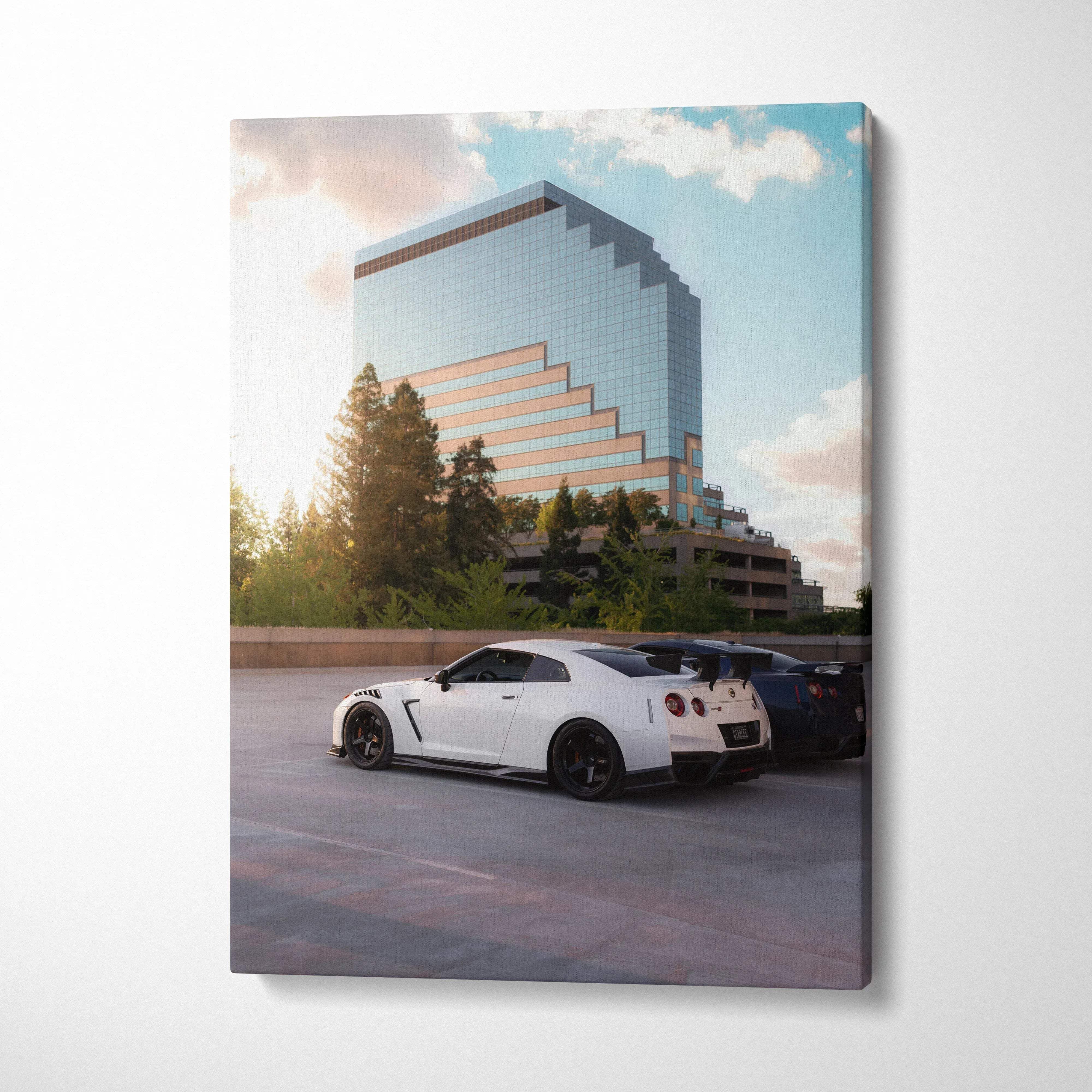 Nissan GTR R35 parked in front of modern building canvas wall art vertical print.