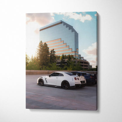 Nissan GTR R35 parked in front of modern building canvas wall art vertical print.