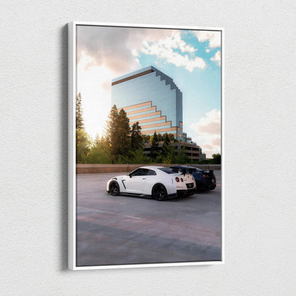 Nissan GTR R35 parked in front of geometric building with blue sky canvas wall art.