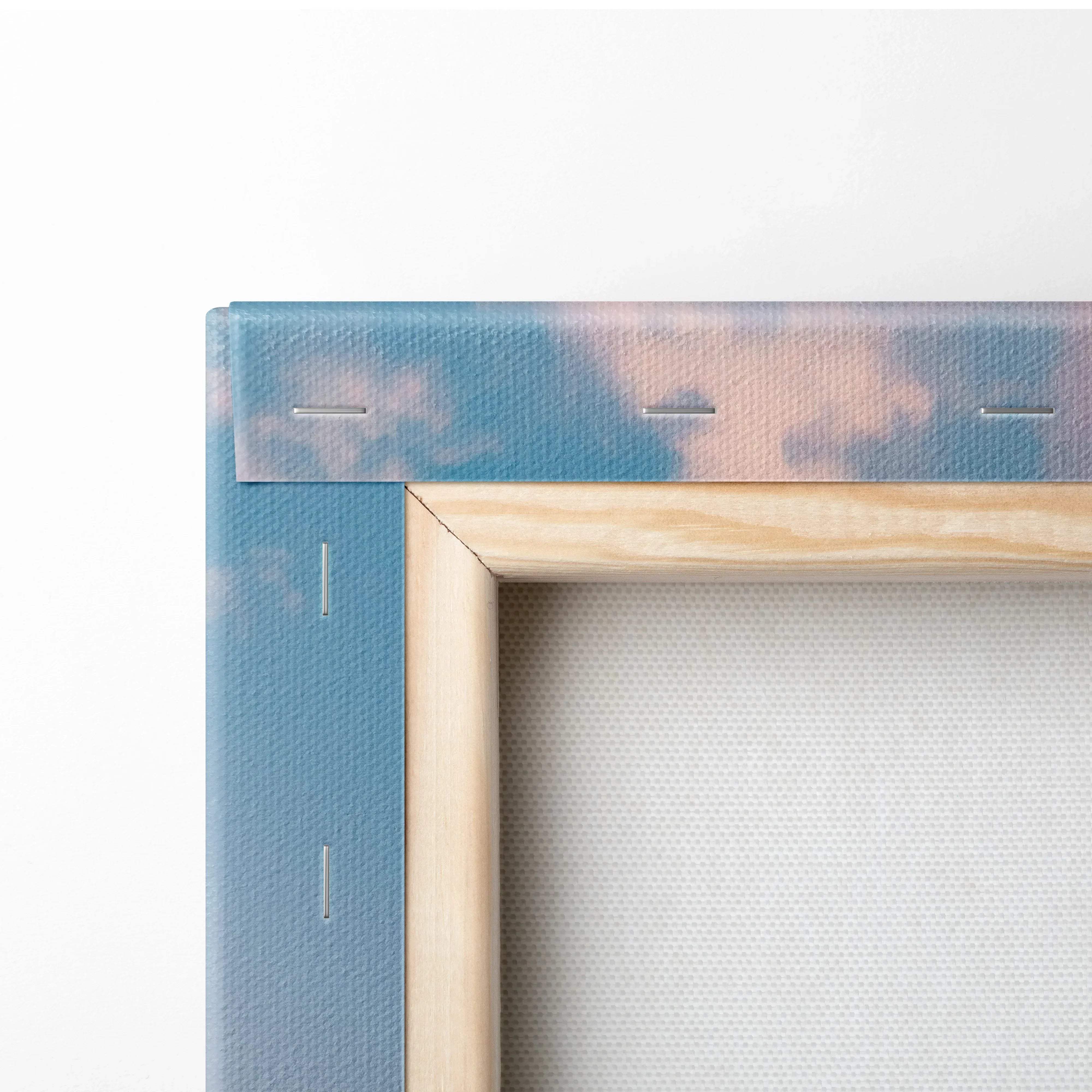 Minimalist wooden-framed canvas wall art featuring a pastel sky in blue and pink for nissan gtr r35 enthusiasts