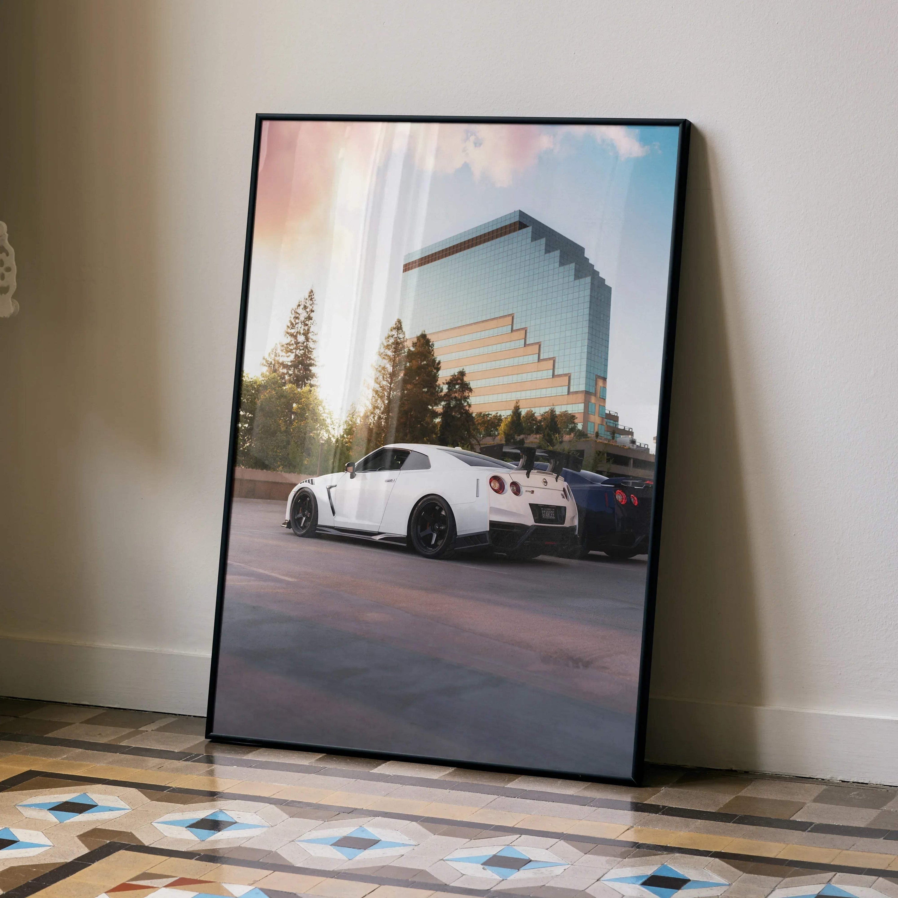 Nissan GTR R35 parked at sunset with modern glass building reflection poster wall art.