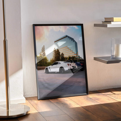 Nissan GTR R35 white car parked in front of modern building at sunset poster wall art in black frame.
