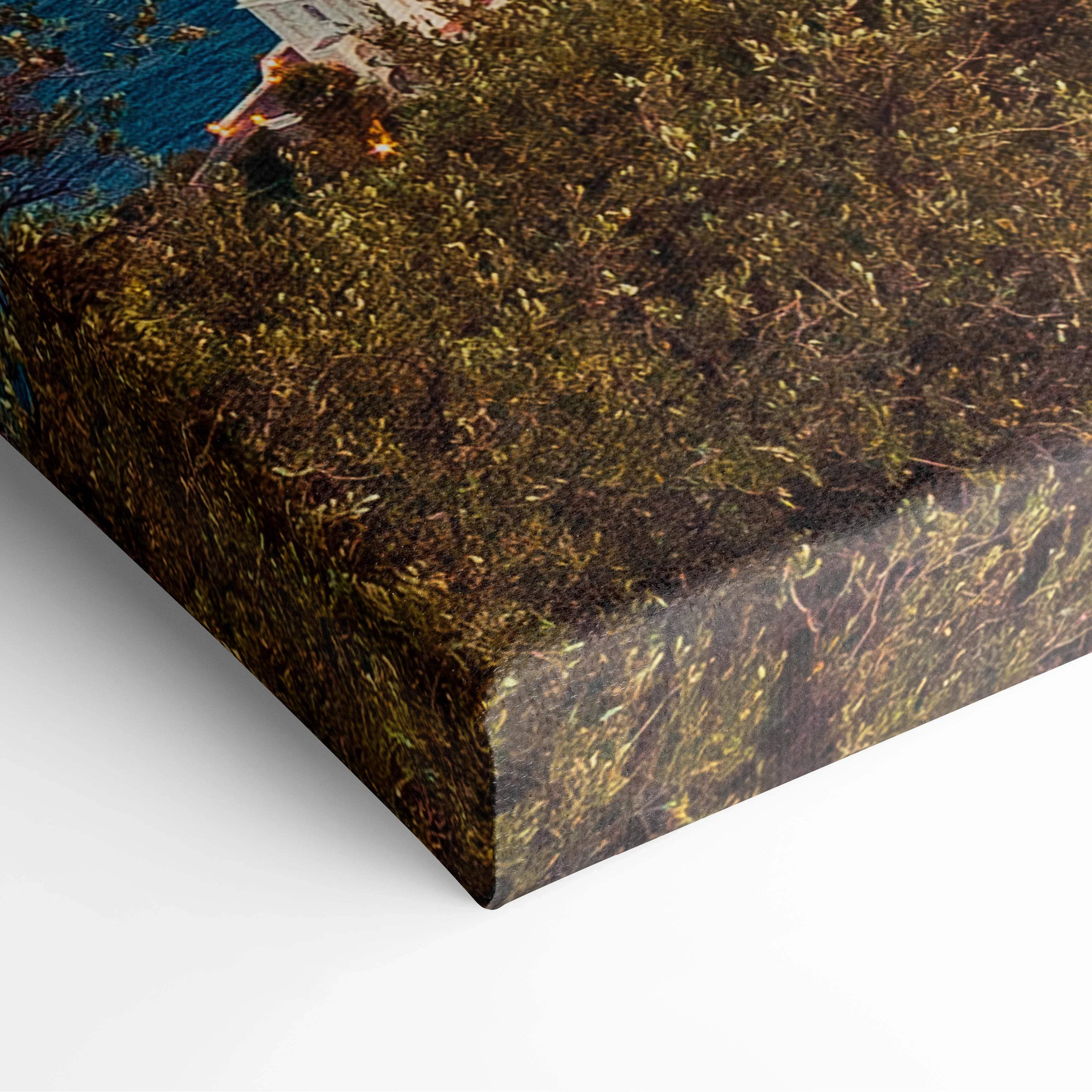 Close-up of canvas art print showing detailed texture and vibrant colors of architectural wall art.