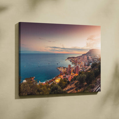 Canvas wall art featuring a vibrant coastal cityscape at sunset with colorful buildings and a calm sea.