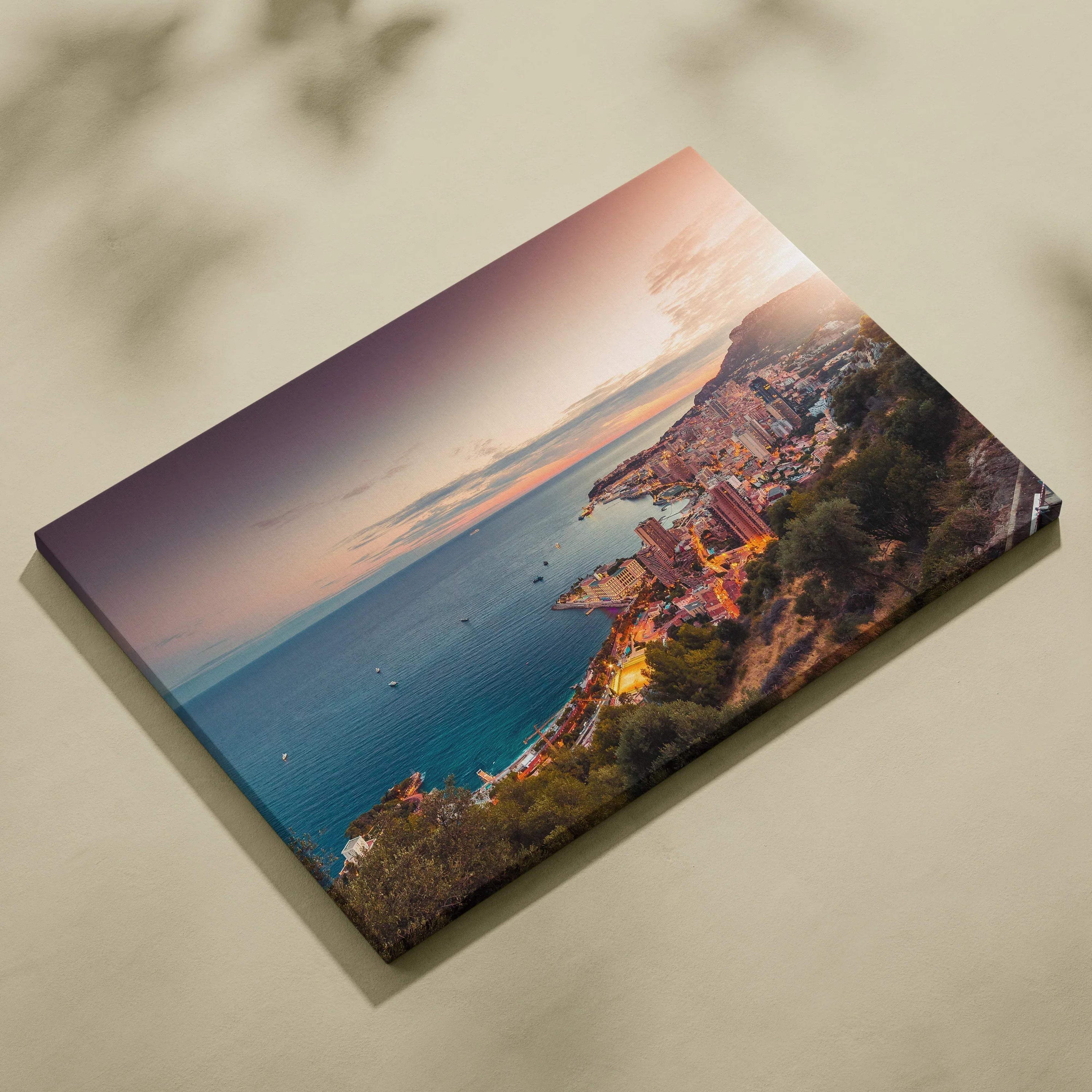 Stunning canvas art wall print showing coastal cityscape at sunset with buildings and water.