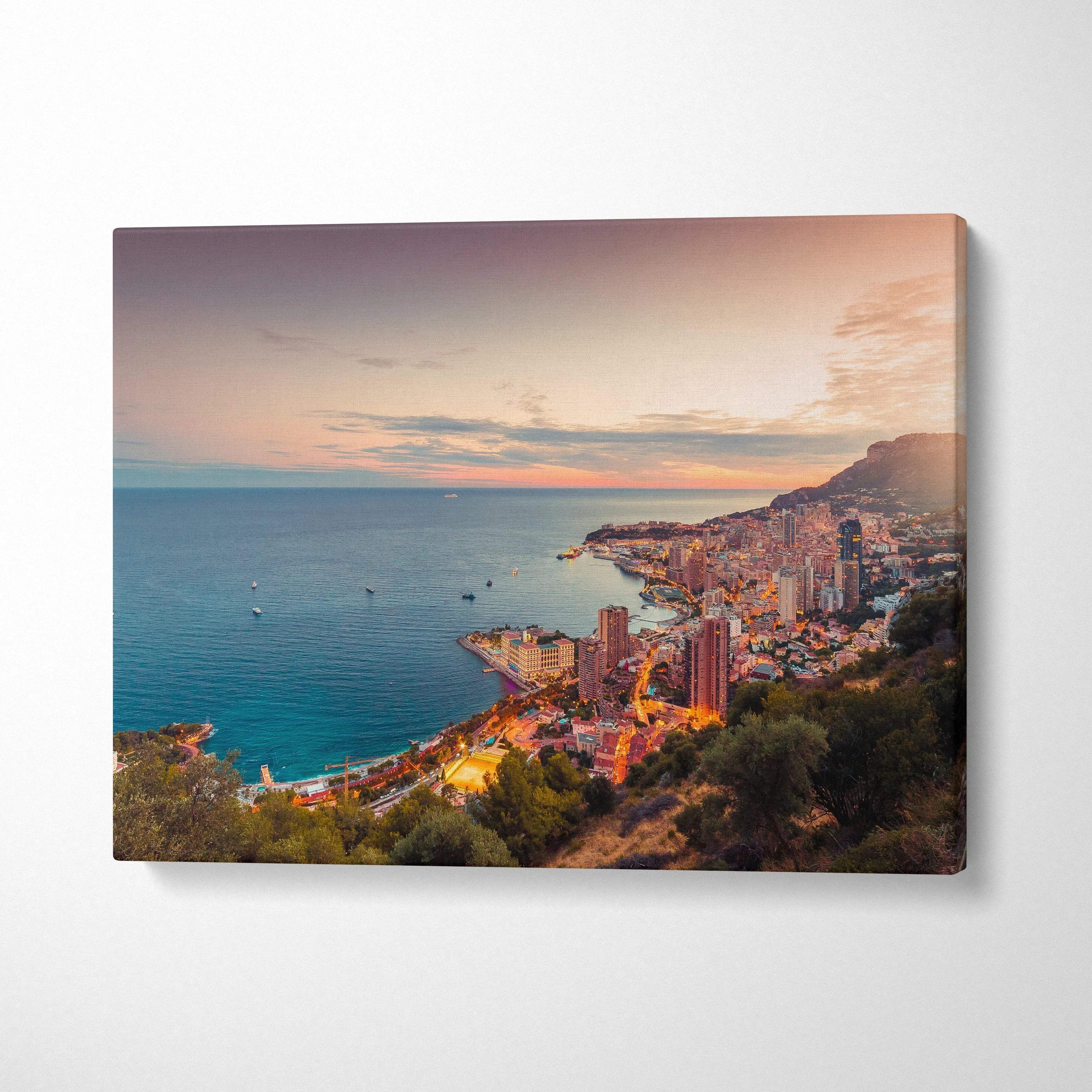 Sunset coastal cityscape canvas art with buildings and ocean in soft pastel colors wall art.