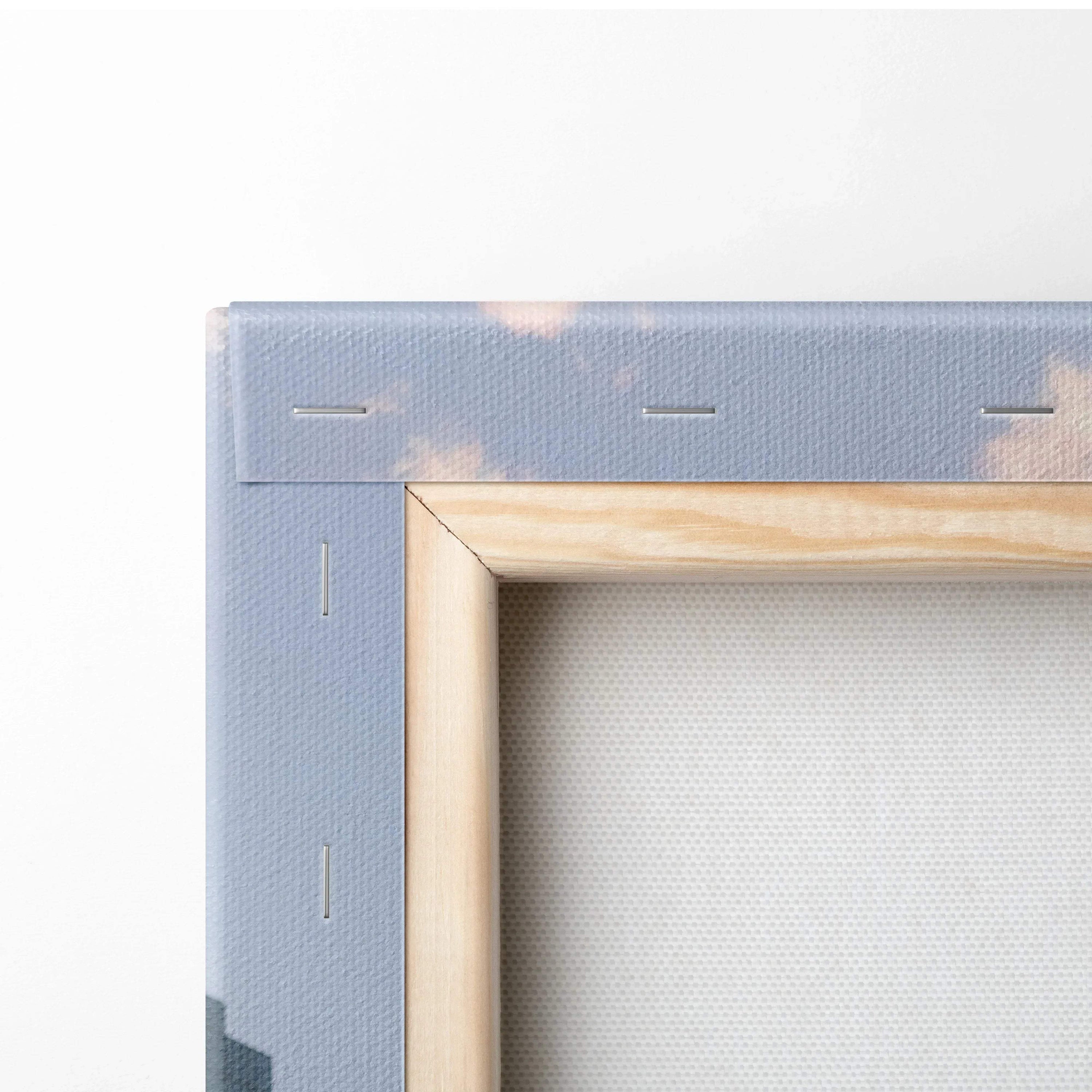 Close-up of wooden frame corner and canvas texture on vertical wall art print.