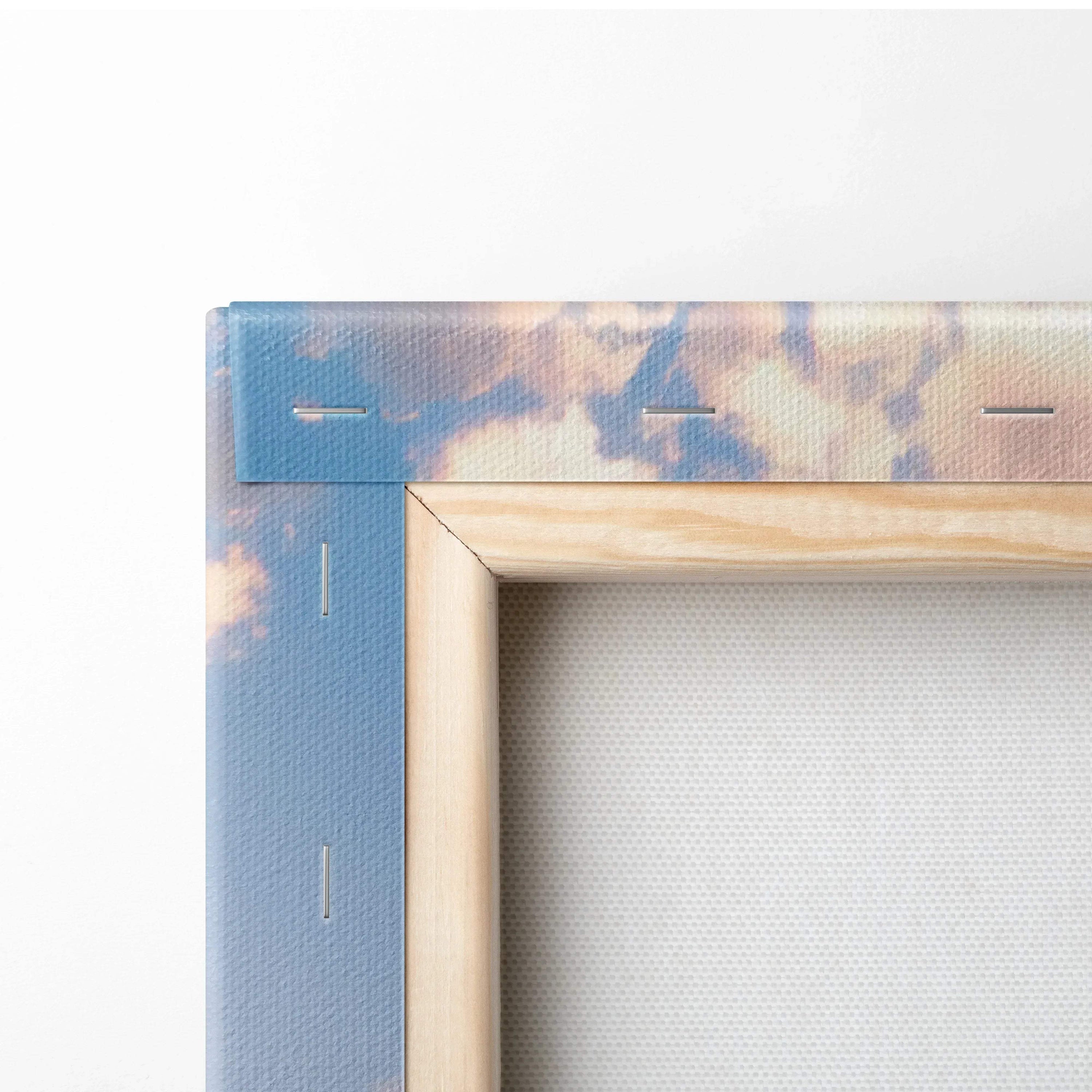 Close-up of wooden frame corner and stapled edge on Nissan GTR R35 vertical canvas wall art.