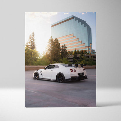 Nissan GTR R35 white sports car with modern glass building background vertical canvas wall art.