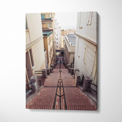 Vertical canvas art featuring a narrow brick stairway flanked by tall buildings, modern wall art canvas print.