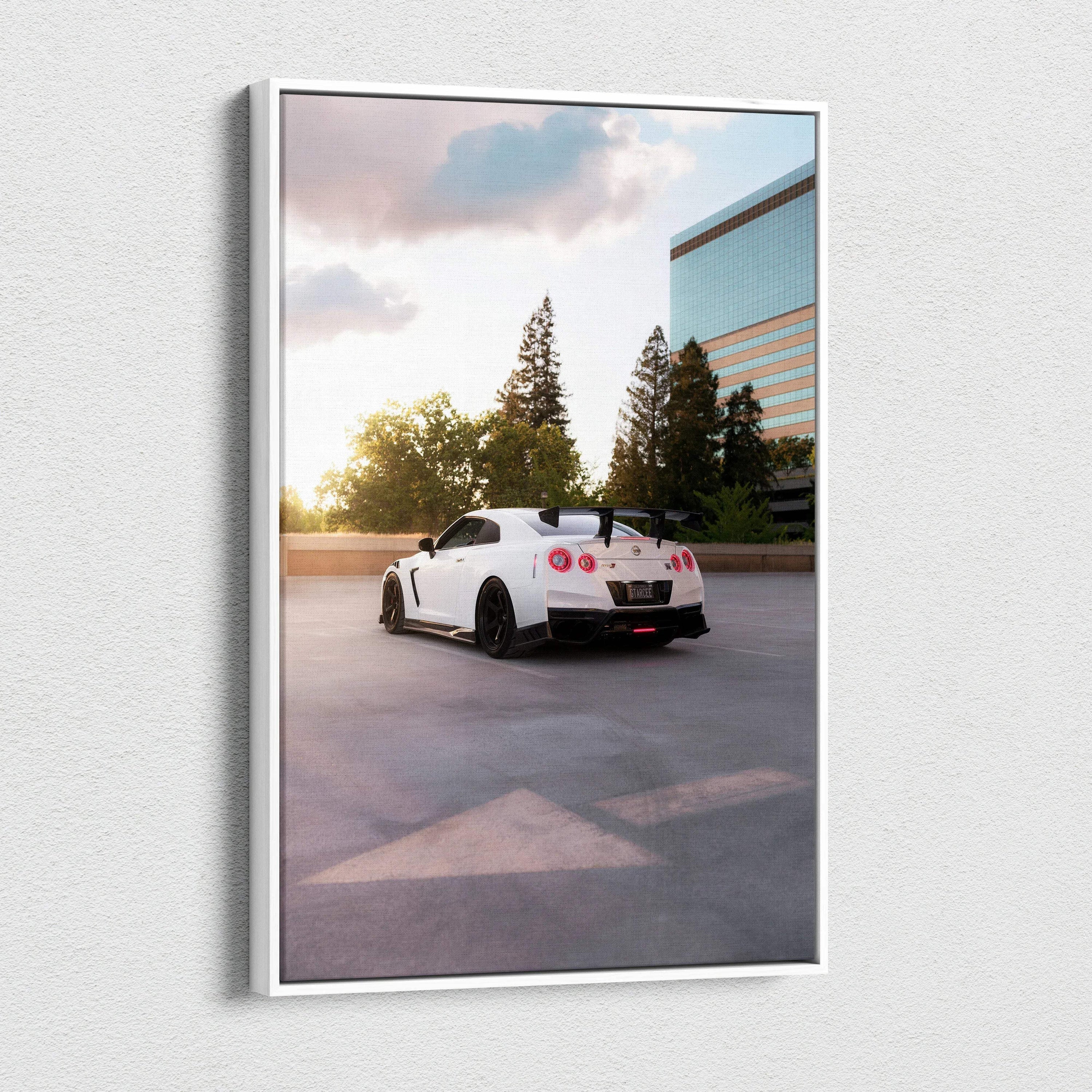 Nissan R35 GTR at sunset canvas wall art in vertical museum-quality print.