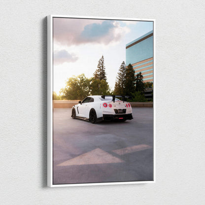 Nissan R35 GTR at sunset canvas wall art in vertical museum-quality print.