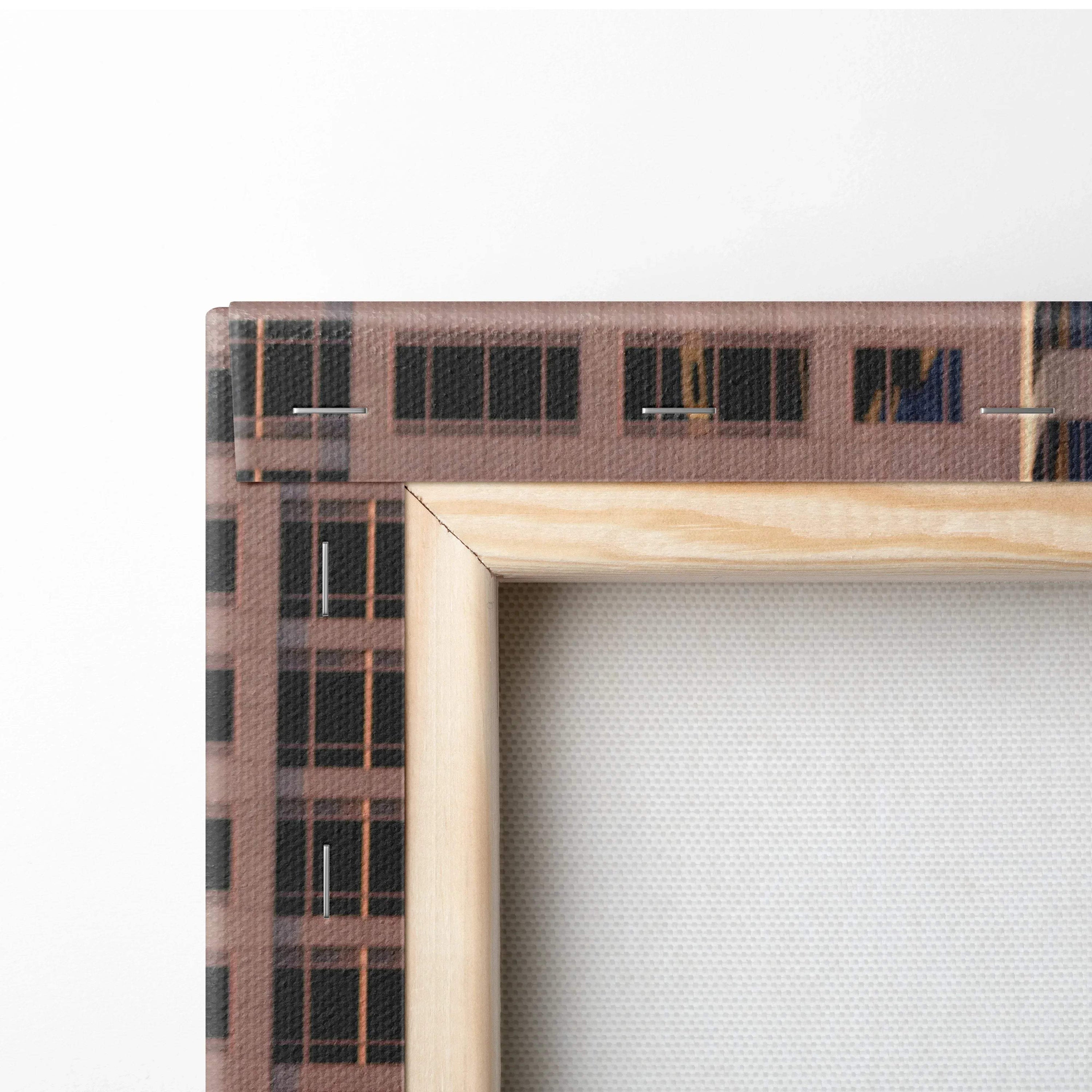 Close-up of wooden frame corner on Nissan GTR R35 vertical canvas wall art with detailed print.