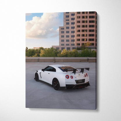Nissan GTR R35 white sports car canvas art with city background, vertical wall art print.