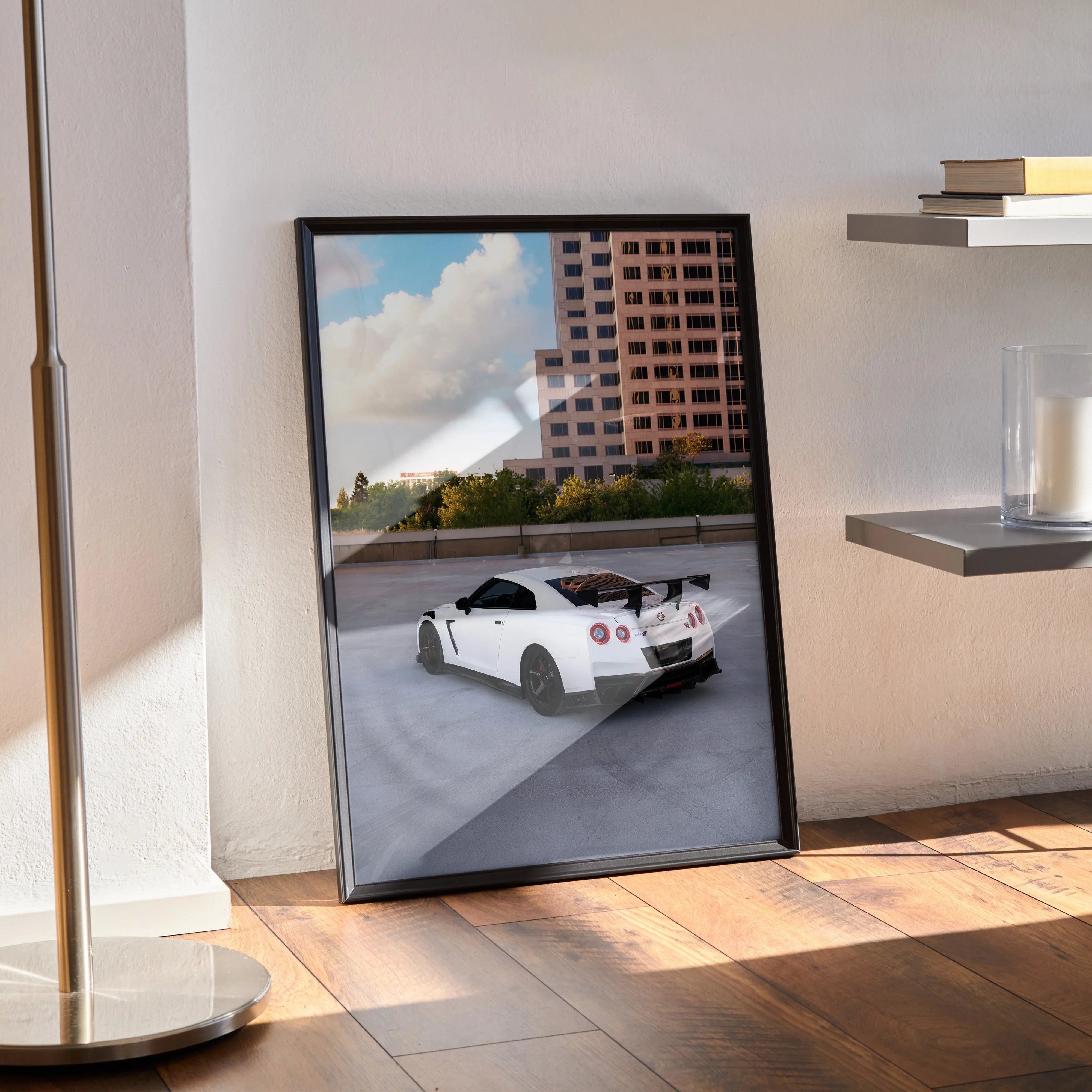 Nissan GTR R35 high resolution poster with white sports car and urban background wall art.
