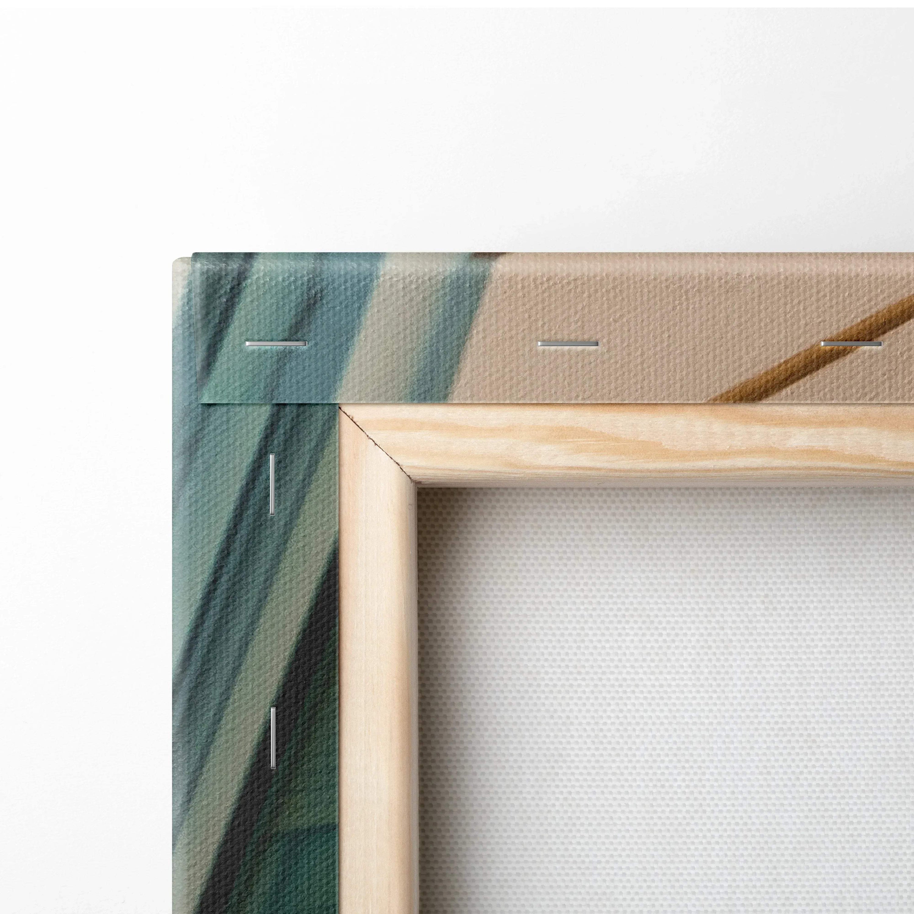 Corner close-up of stretched canvas wall art with wooden frame showing architectural digital design.