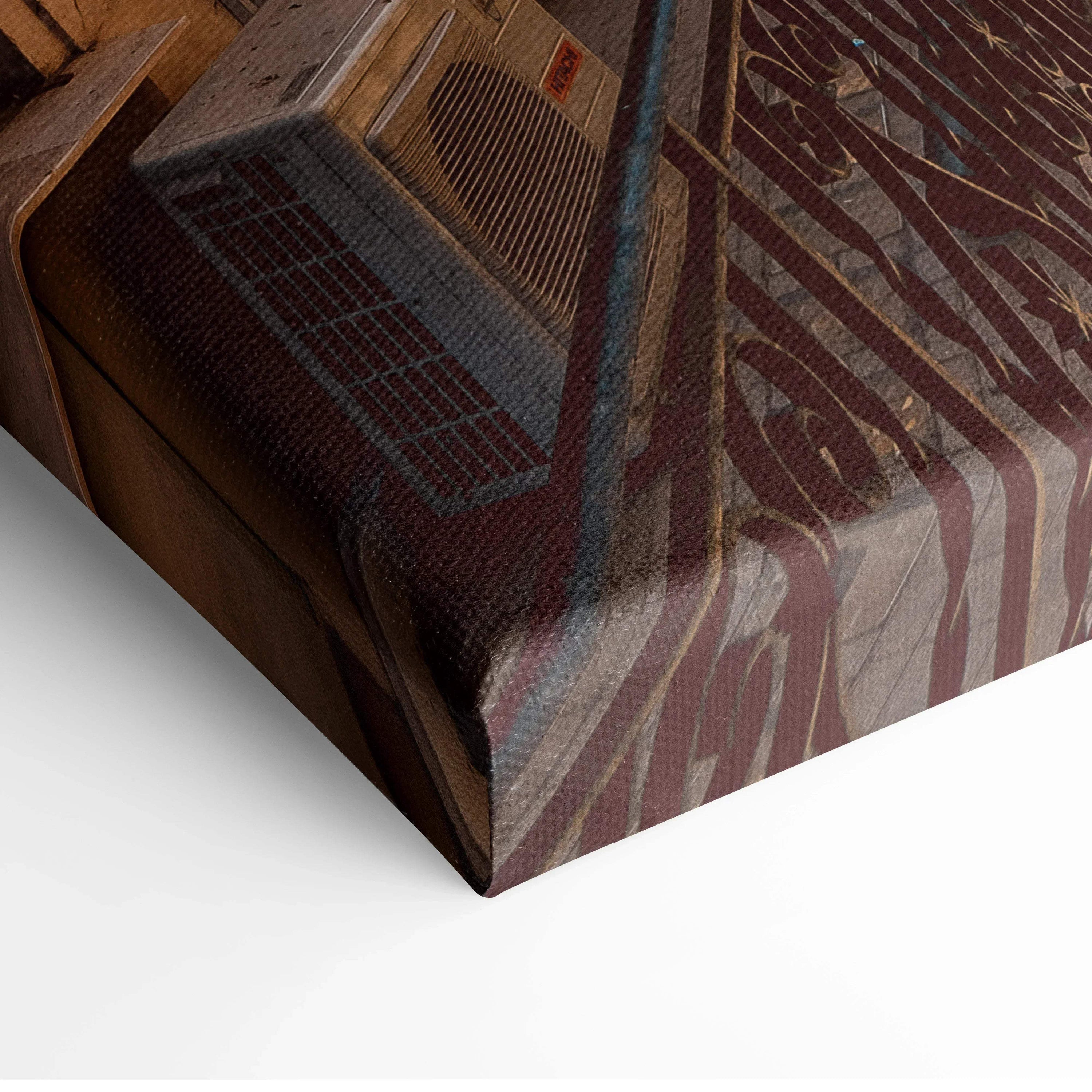 Close-up of brown-toned digital architecture canvas art with geometric building patterns on stretched frame.