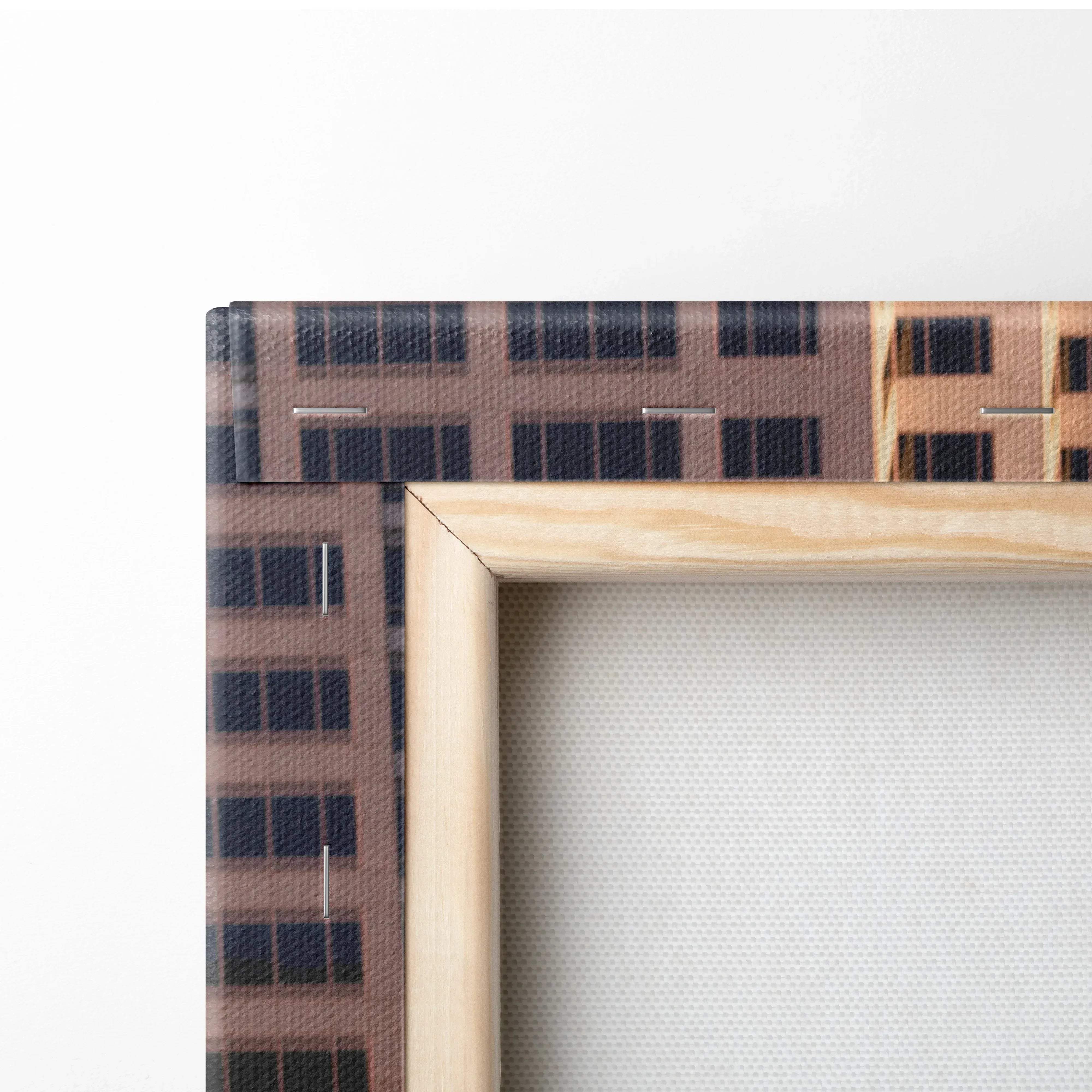 Light wood frame canvas wall art featuring a vertical print of a white nissan gtr r35 on an urban rooftop