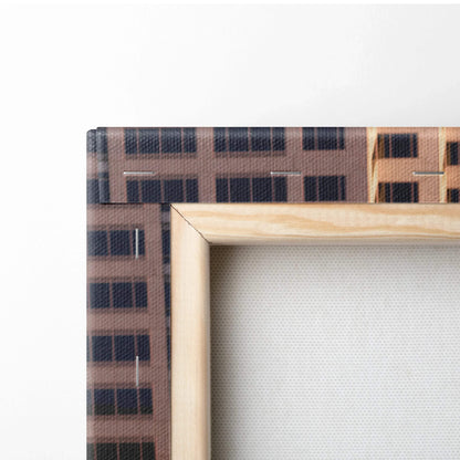 Wooden frame corner detail of Nissan GTR R35 vertical canvas wall art with building pattern wrap.