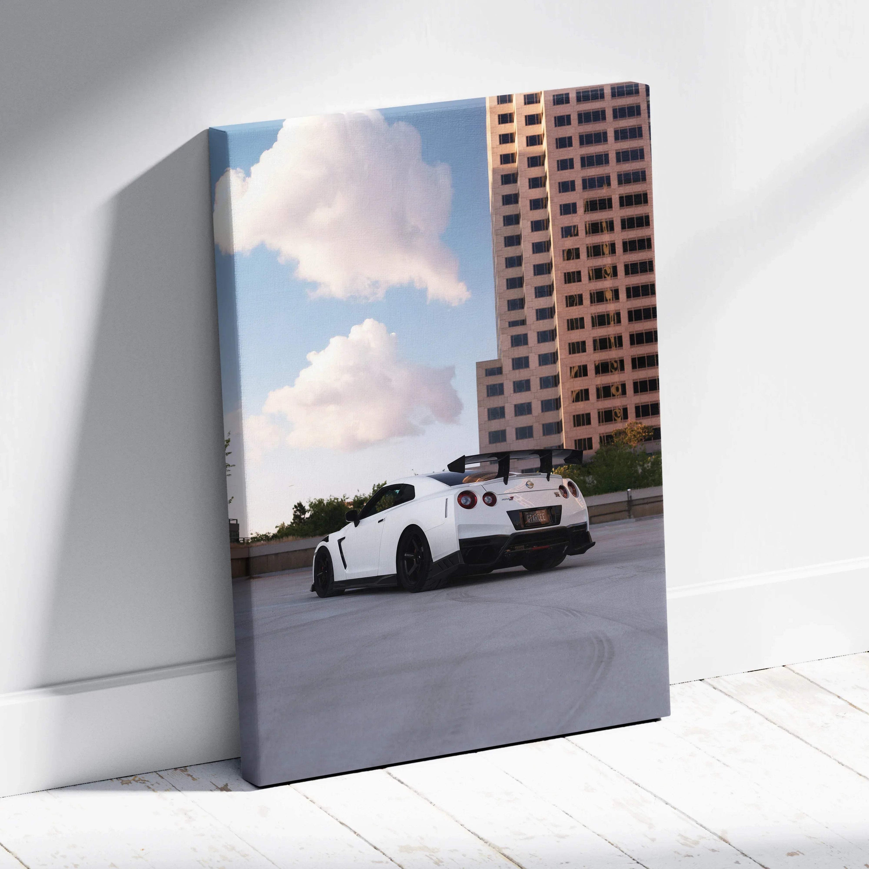 Nissan GTR R35 driving on rooftop with cityscape background vertical canvas wall art.